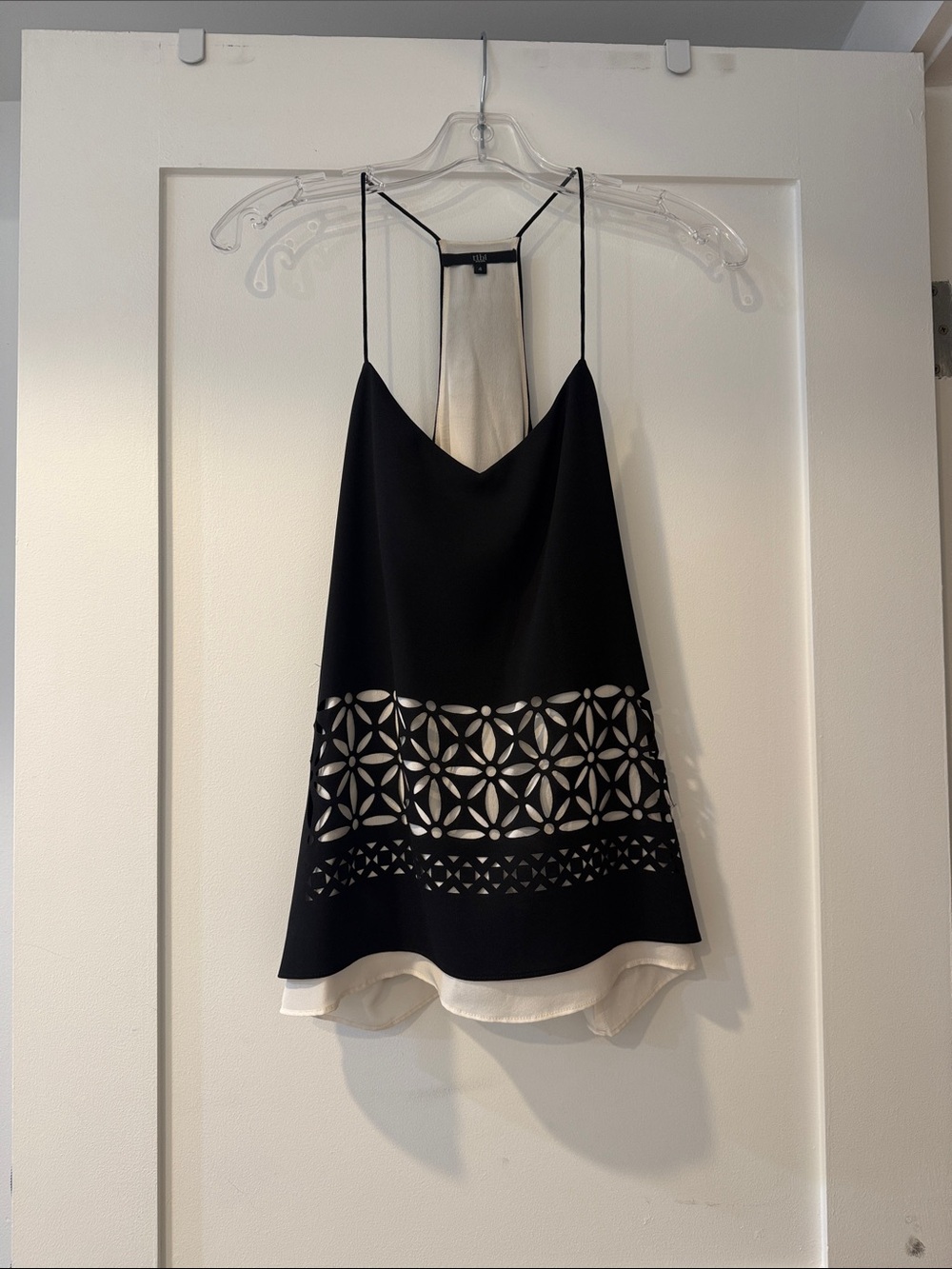 Tibi Black and Cream Laser-Cut A-Line Tank Top